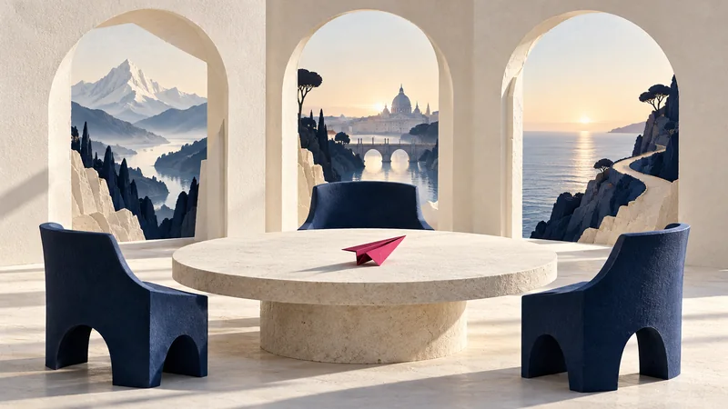 Three navy chairs around a stone table facing distinct landscape doorways