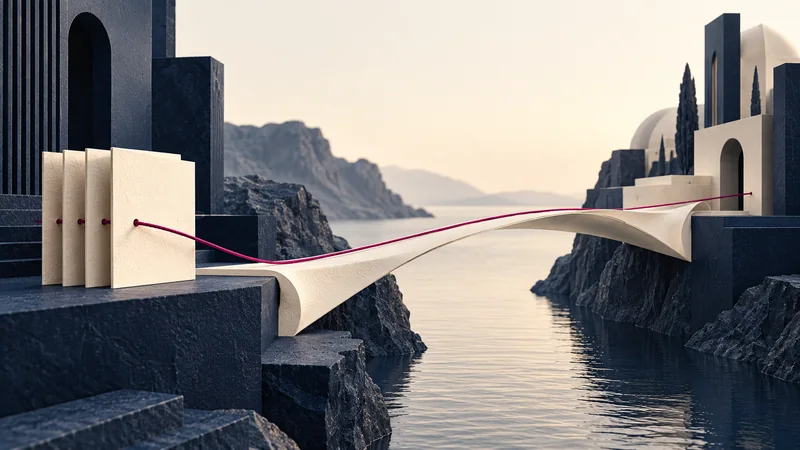 An ivory bridge and magenta thread connecting two architectural shores