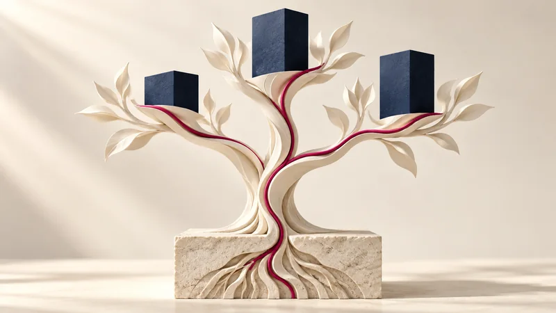 An ivory branching tree supporting navy blocks with a continuous magenta thread